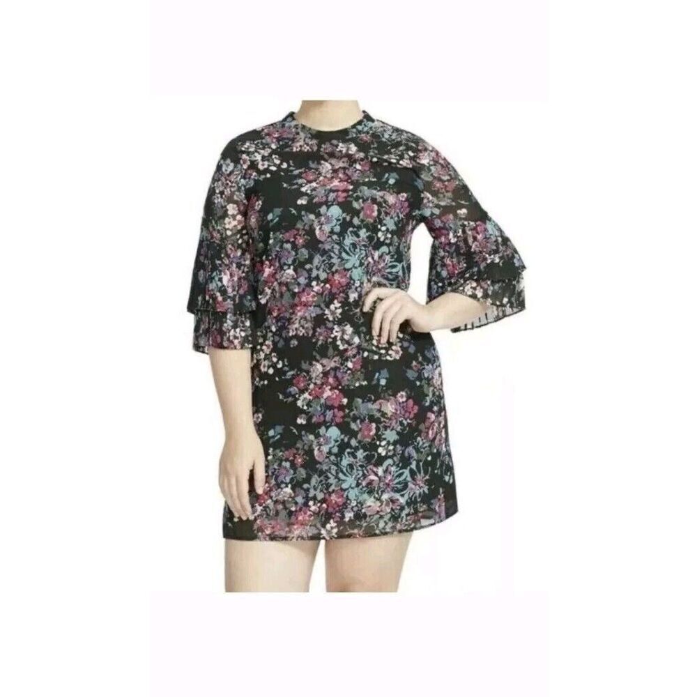 Sharagano‎ Tiered Sleeve Black Floral Chiffon Shift Dress Size 22W NWT